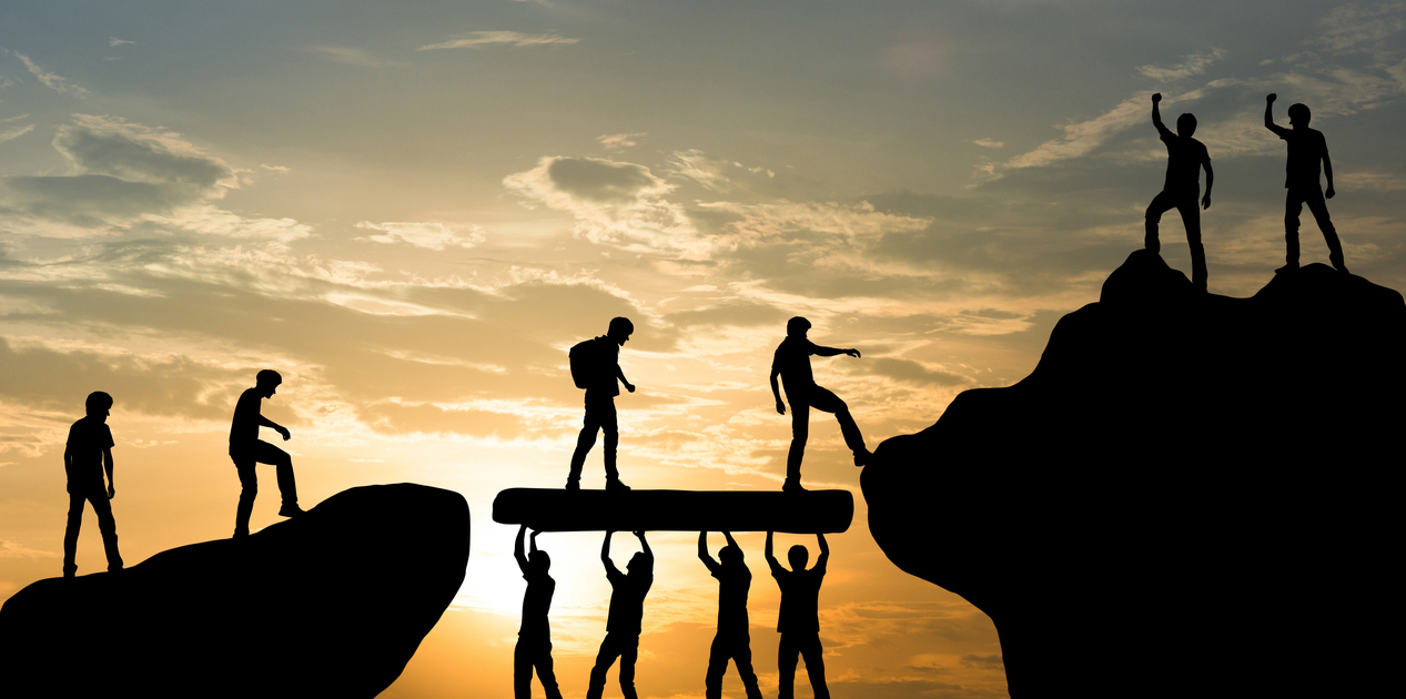 Group of people on peak mountain climbing helping team work , travel trekking success business concept